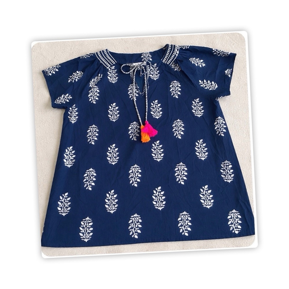 THML Women's Medium Blue Boho Tunic Top 100% Cotton Tassel Tie Neck Embroidered - Picture 2 of 8